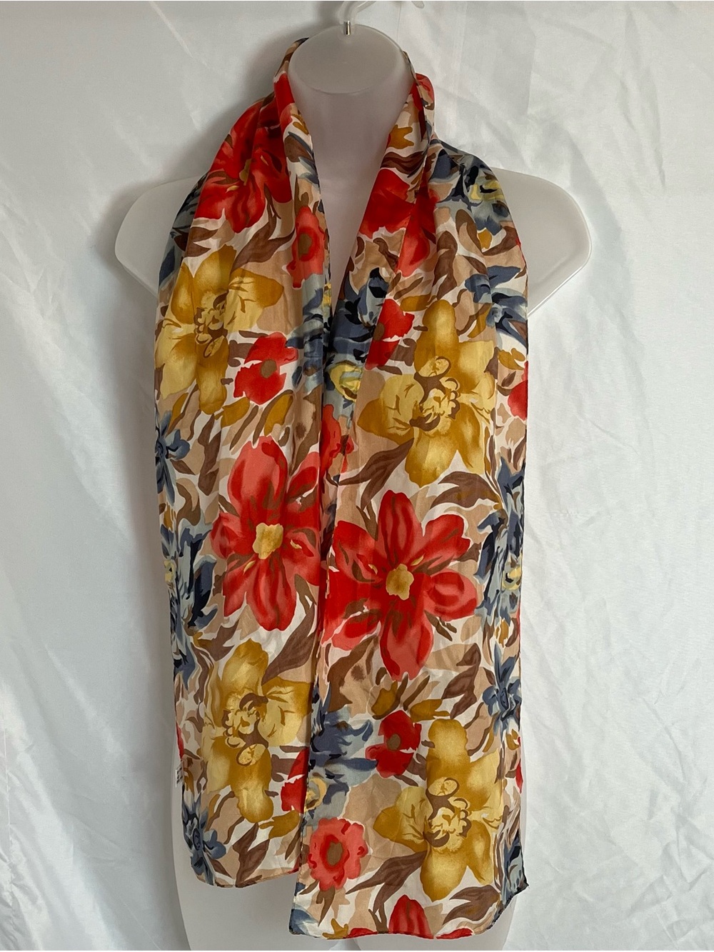 Vintage 100% Silk Floral Scarf Cottagecore Autumn Leaves Earthy Oblong